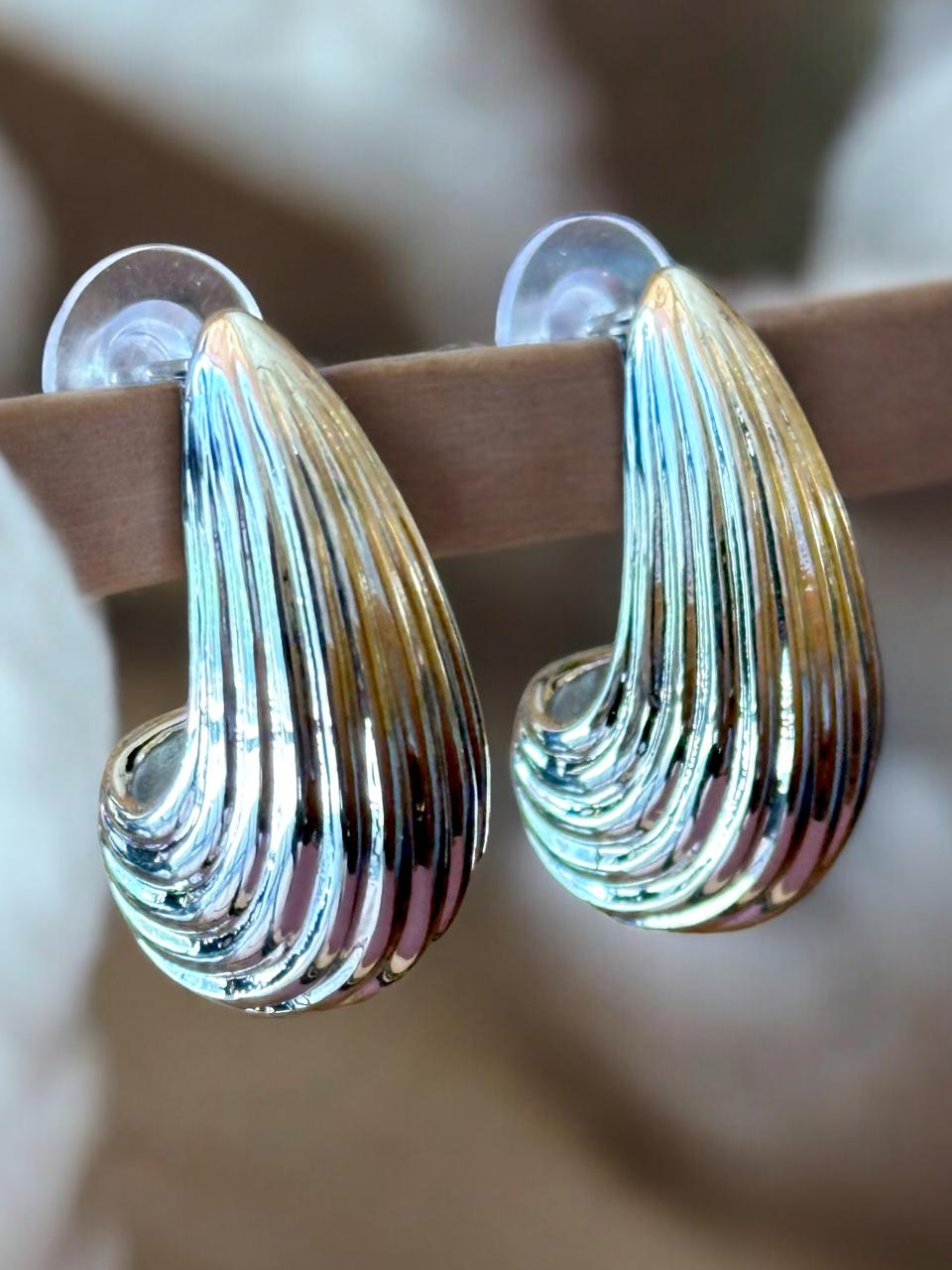 Handmade Silver Teardrop Earrings | Ribbed Wave Design | Metallic Finish