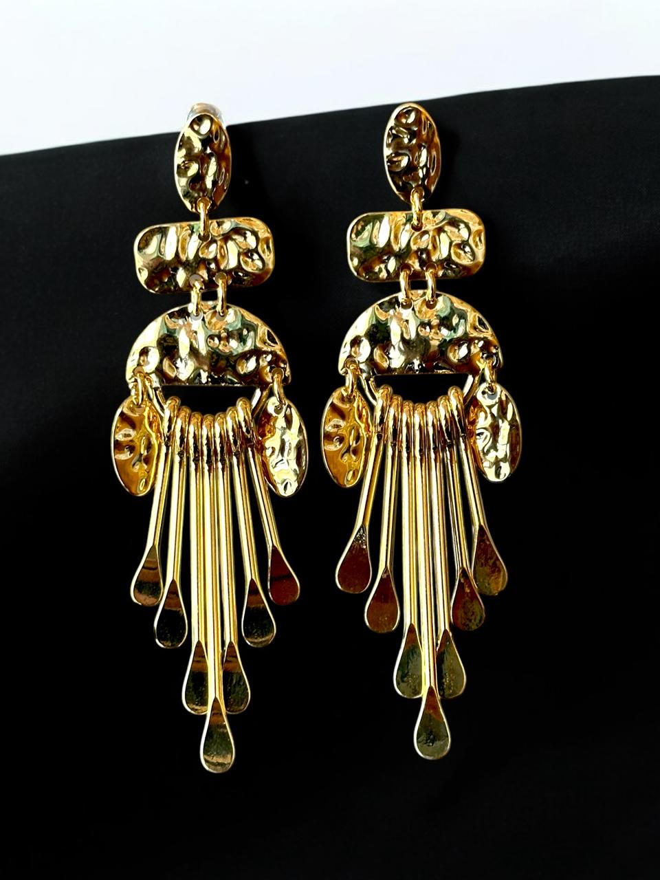 Gold-Toned Hammered Statement Drop Earrings | Handmade Geometric Teardrop Fringe | Textured Dangle Design