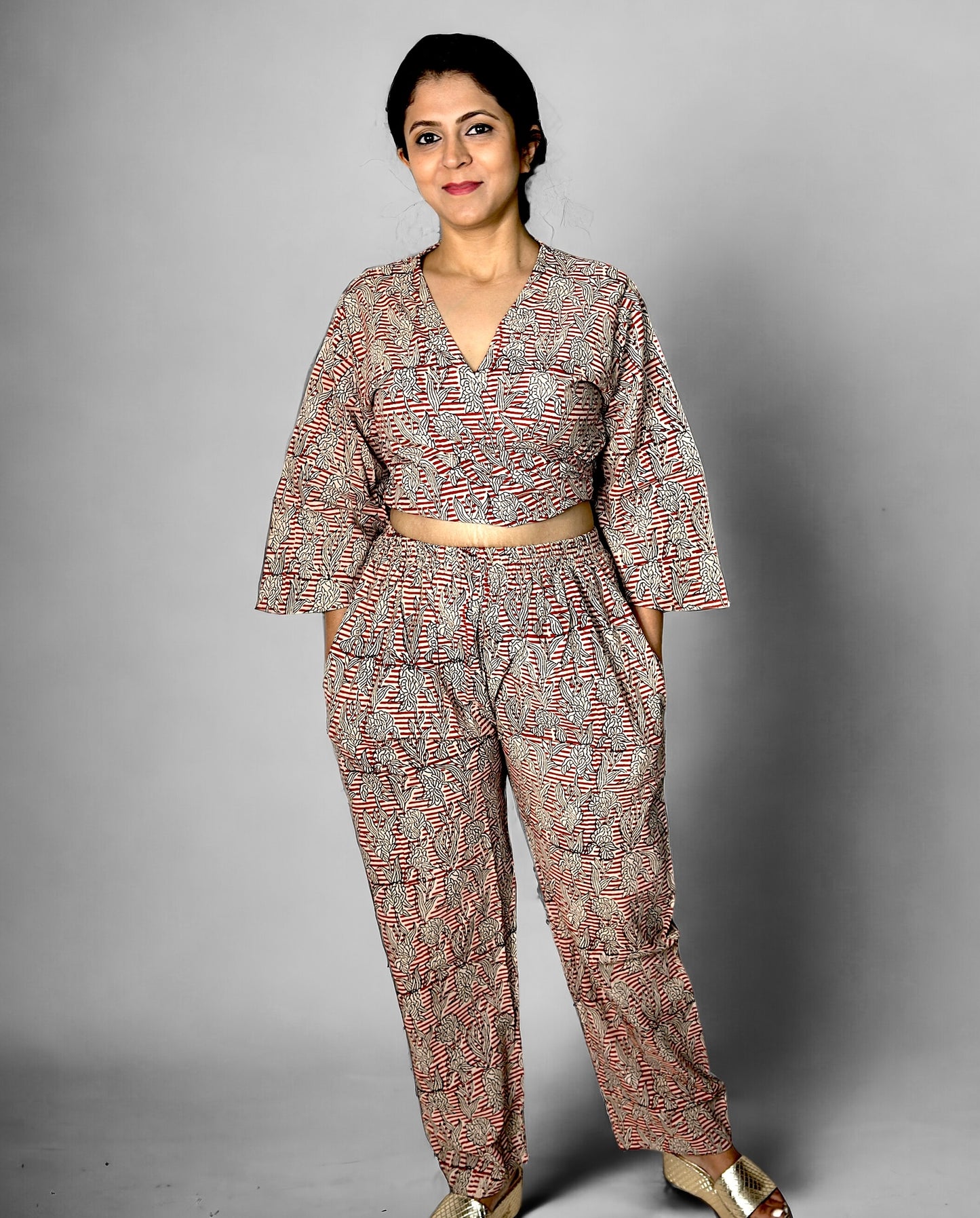 Artisanal Handblock, Crop Top Co-ord Set, Red Stripes and Leafy Print