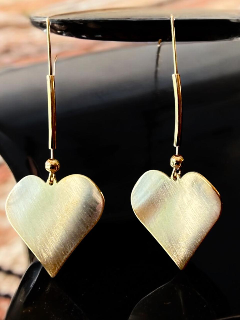 Gold-Plated Heart Drop Dangle Earrings | Brushed Metal Finish | Long Hook Design