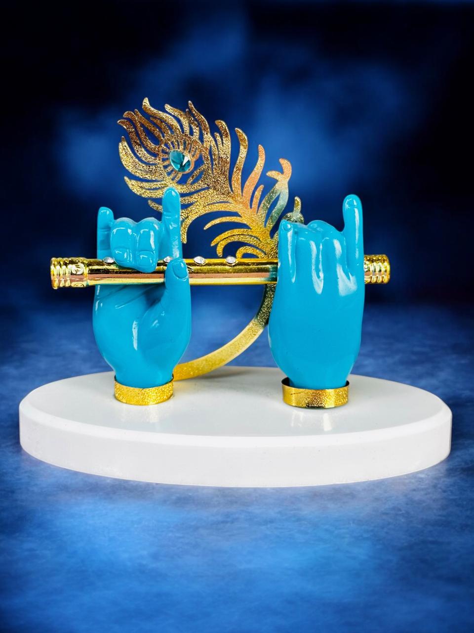 Graceful Krishna Hand with Flute & Peacock Feather – Metal & Resin