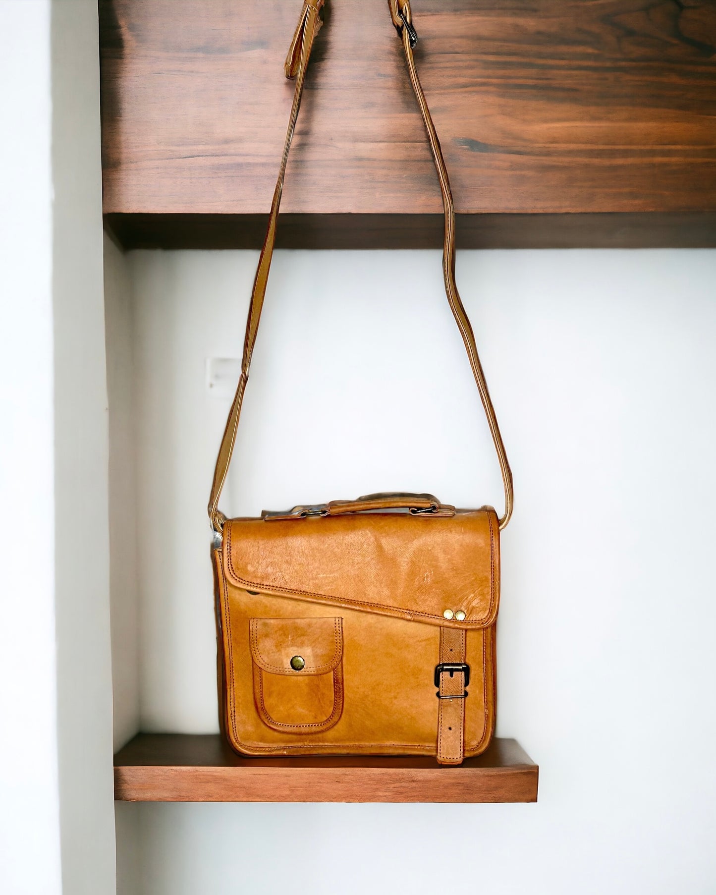 Camel Leather Handmade Tan Cross Body Sling - Cross Cover and Pocket