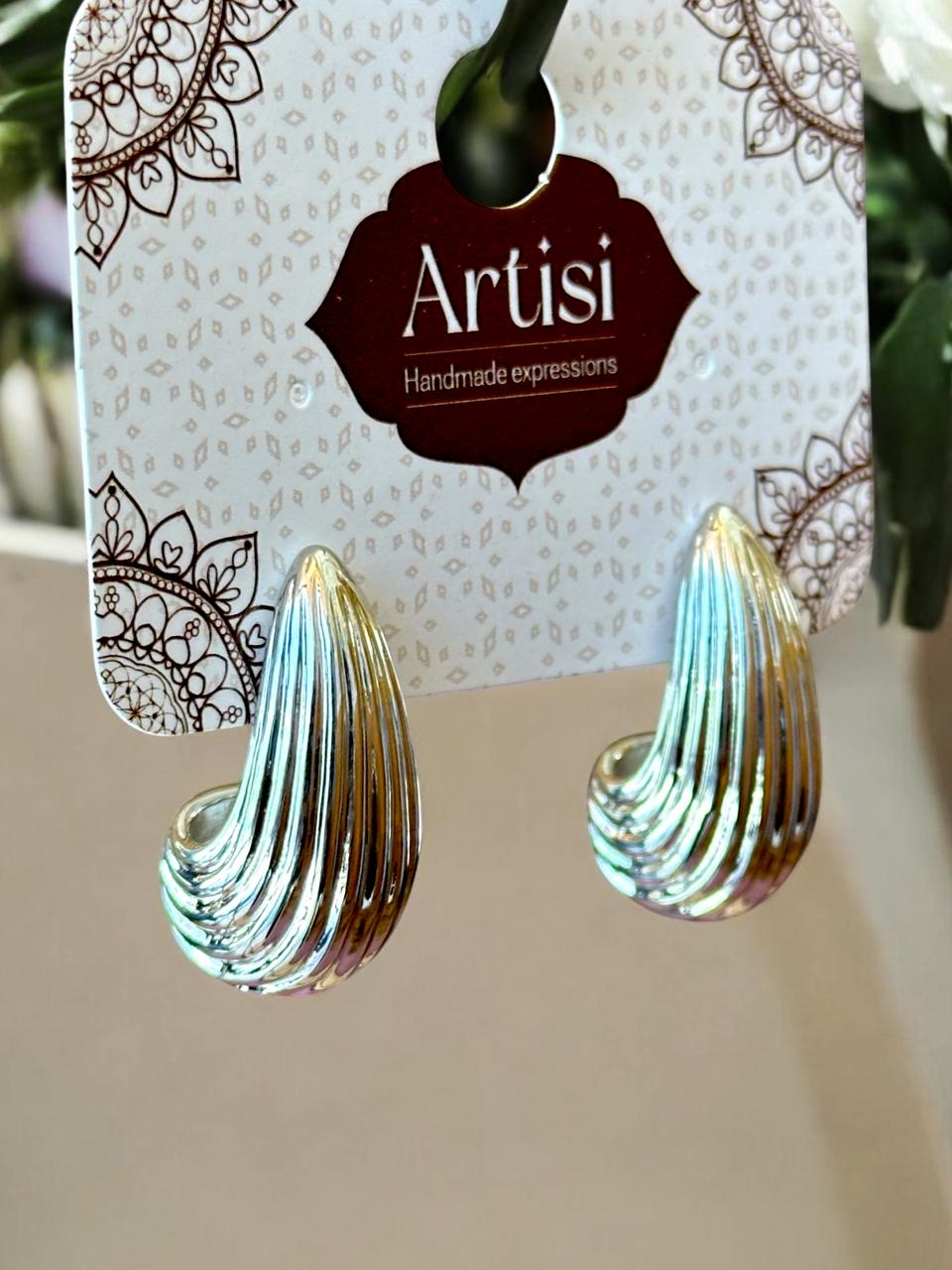 Handmade Silver Teardrop Earrings | Ribbed Wave Design | Metallic Finish