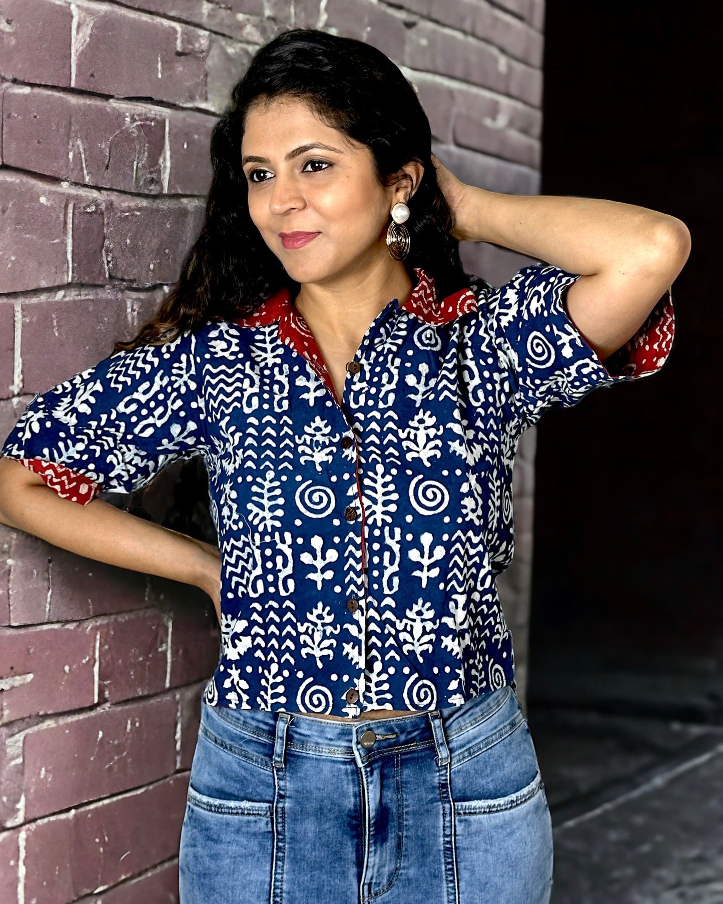 Handblock Printed Reversible Top - Blue/ Red