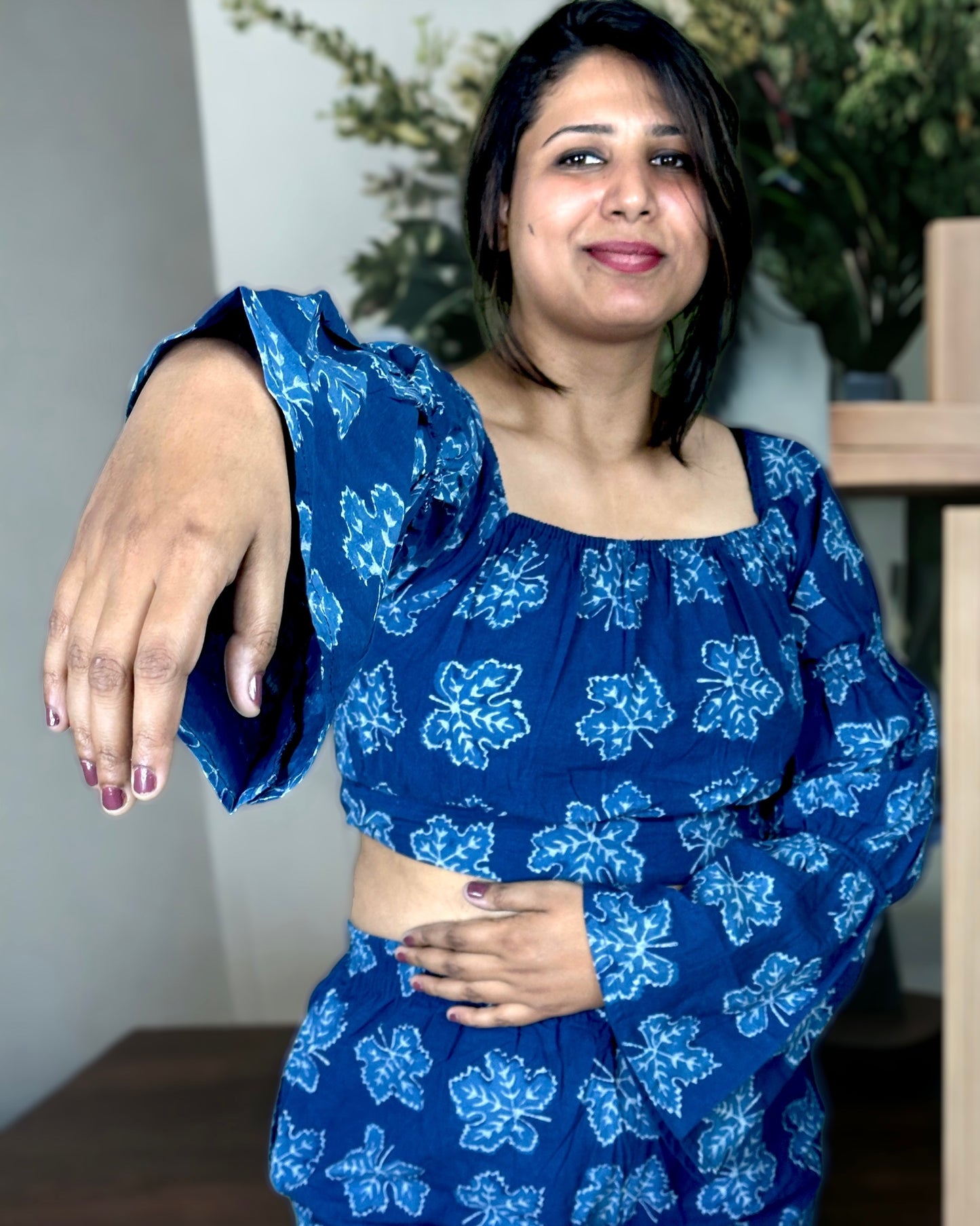 Artisanal Handblock Printed Co-ord Set (Shorts and Crop Top) in Indigo Blue, Maple Leaves Print