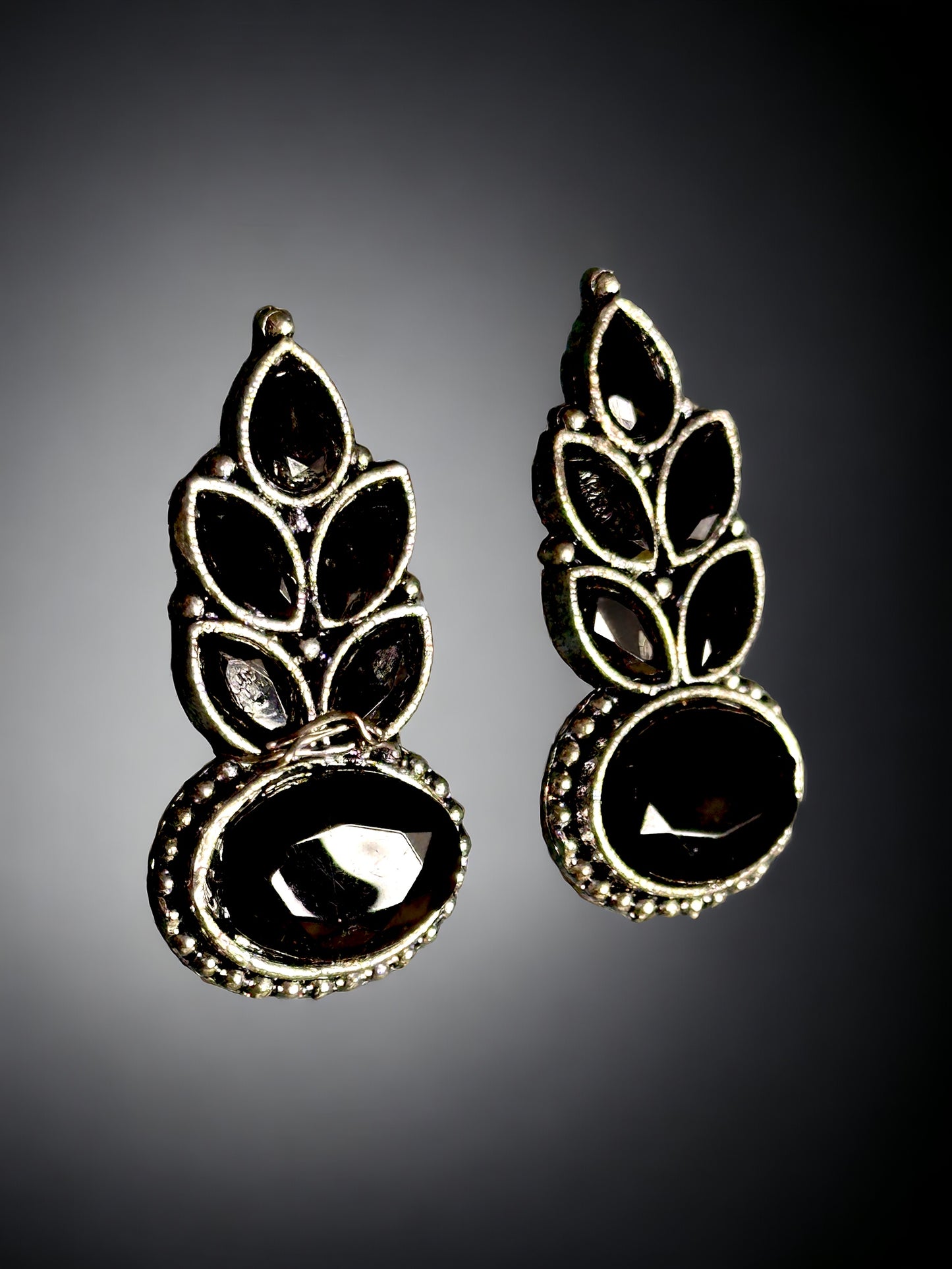 Oxidised Leaf Design Earrings - Black Stones