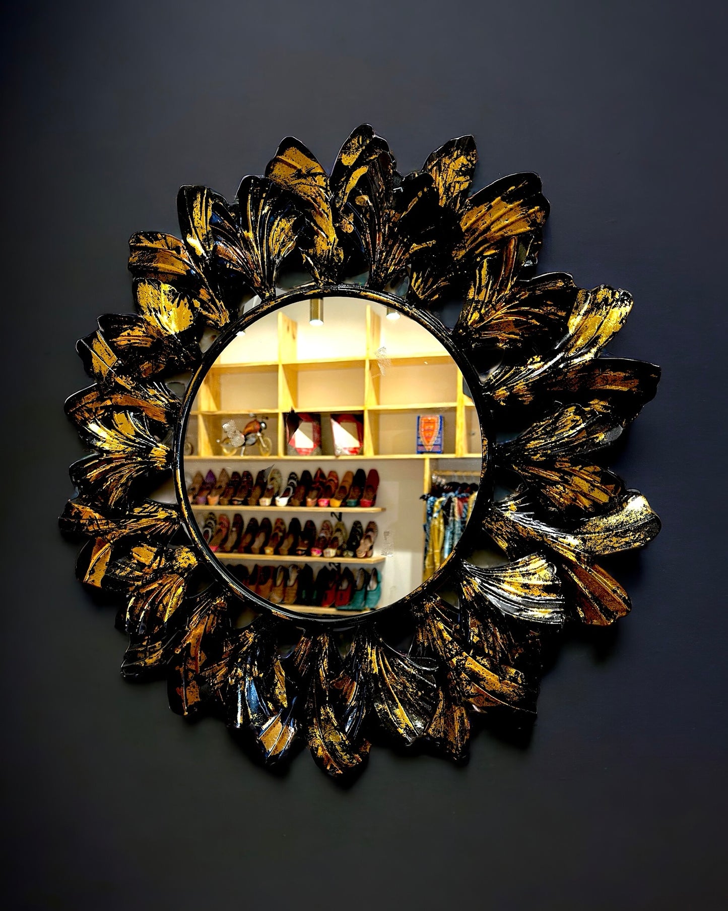 Handmade Black/ Golden Painted Flower Mirror - 2 feet & 3 inches