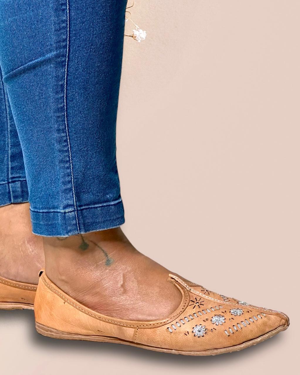 Artisanal Beige Leather Slip-on Women Shoes Inspired by Rajasthani Mojari Craftsmanship