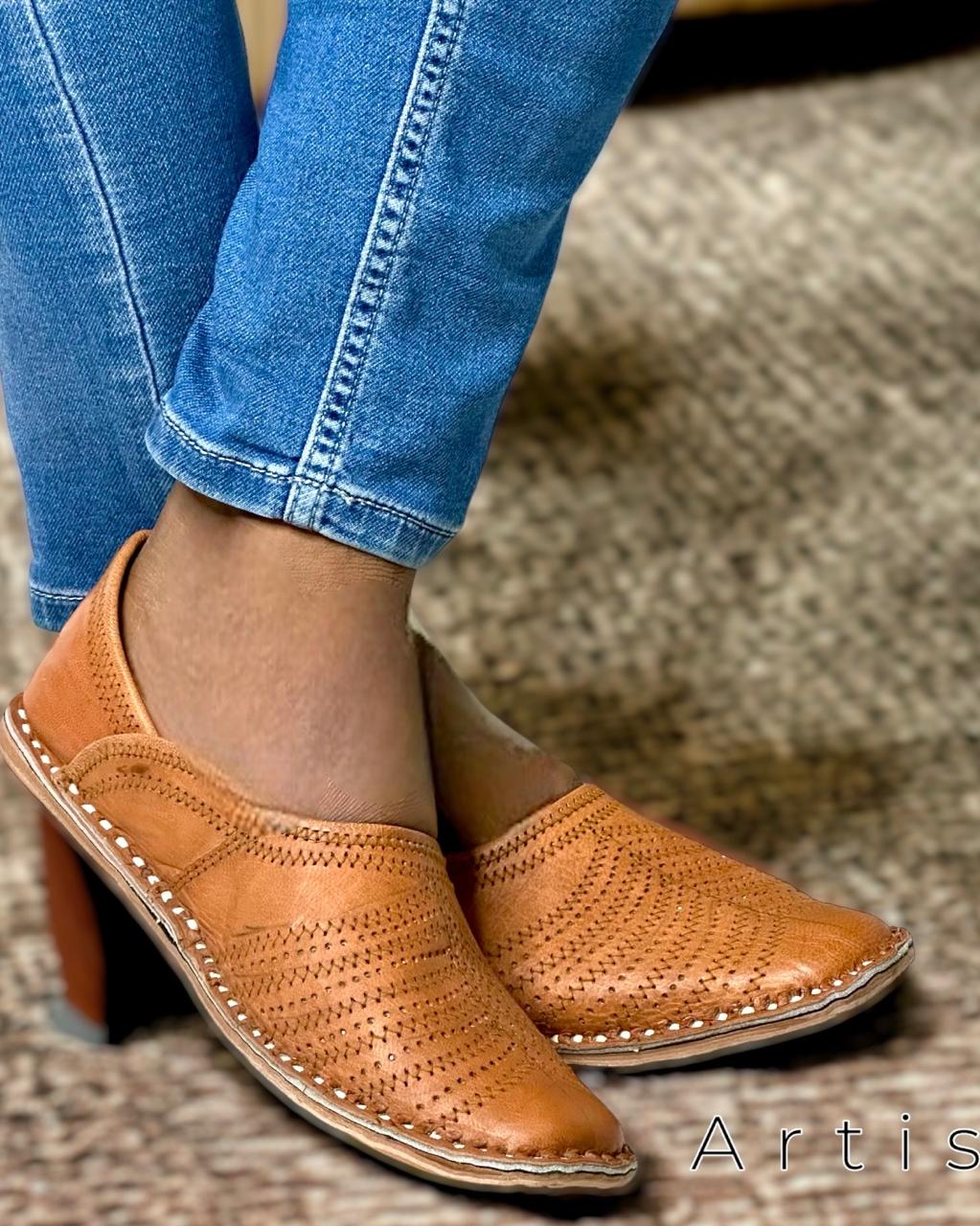 Artisanal Tan Leather Slip-on Men Shoes with Cutwork Inspired by Rajasthani Mojari Craftsmanship