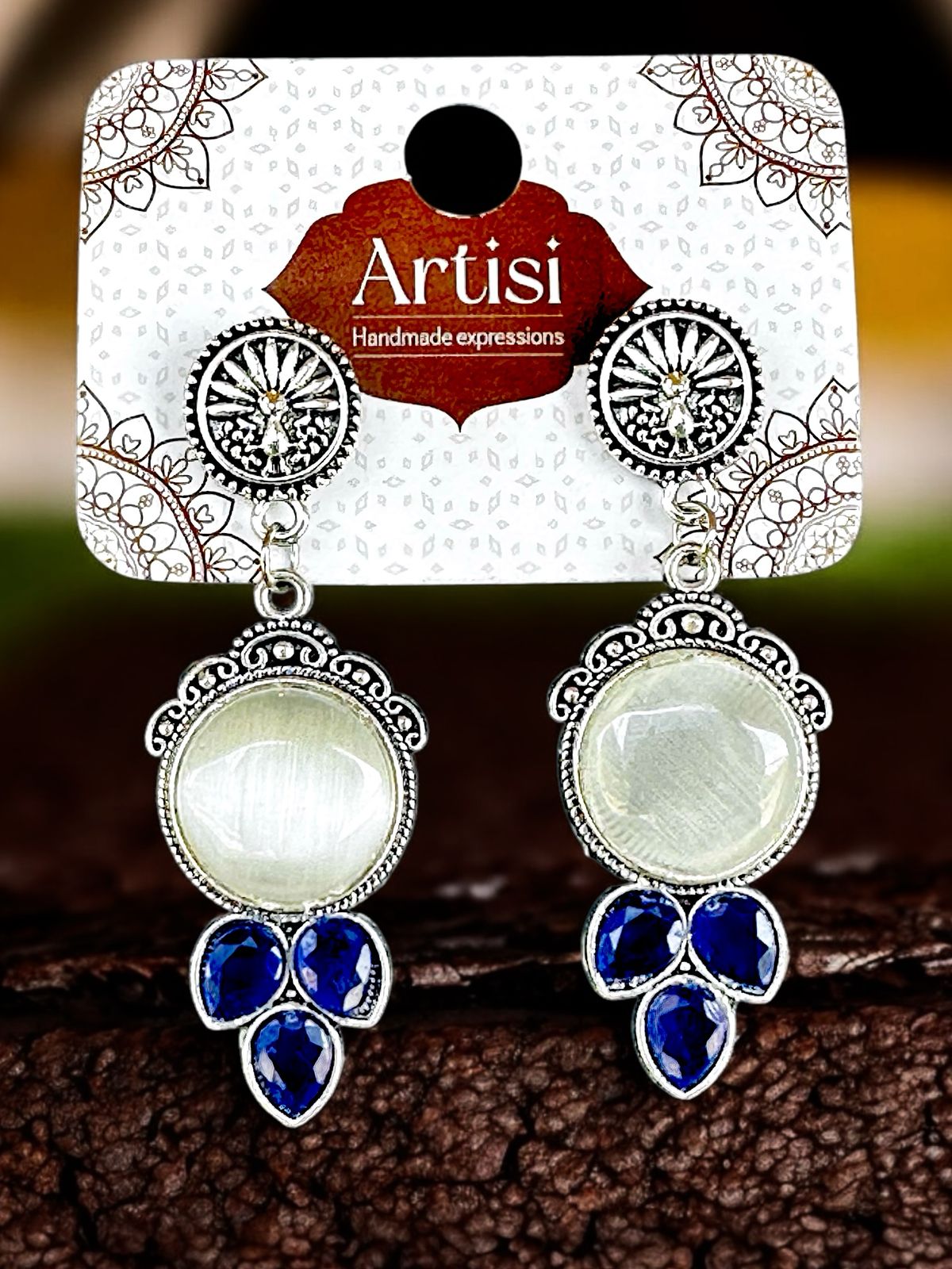 Oxidised Grey & Royal Blue Stone Hanging Earrings for Women & Girls | Boho Ethnic Dangler Earrings | Handcrafted Lightweight Jewellery