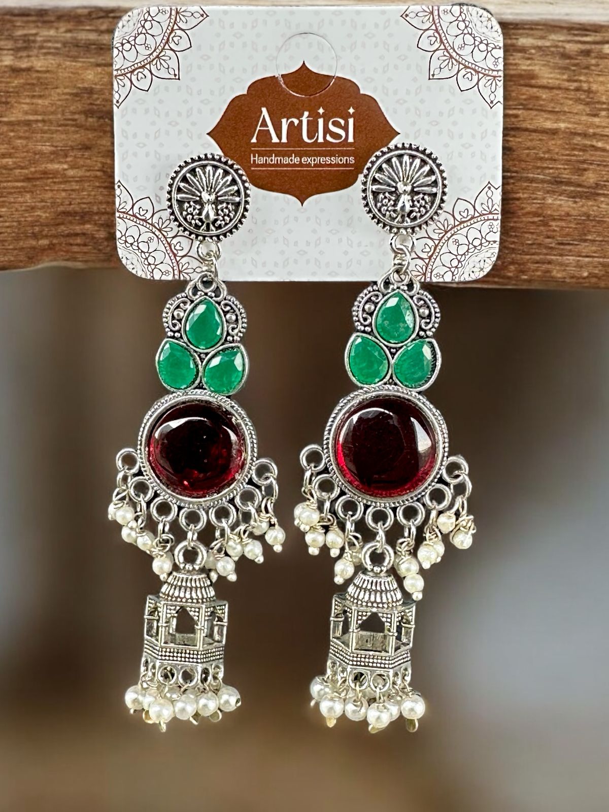 Traditional Silver-Toned Jhumka Earrings – Maroon & Green Stones with Pearl Beads