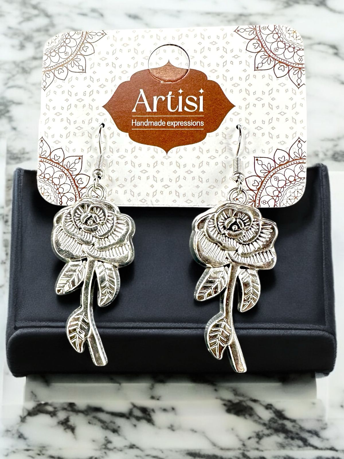 Oxidised Silver Rose Drop Earrings – Filigree Dangler Style Handcrafted Ethnic Jewelry for Women