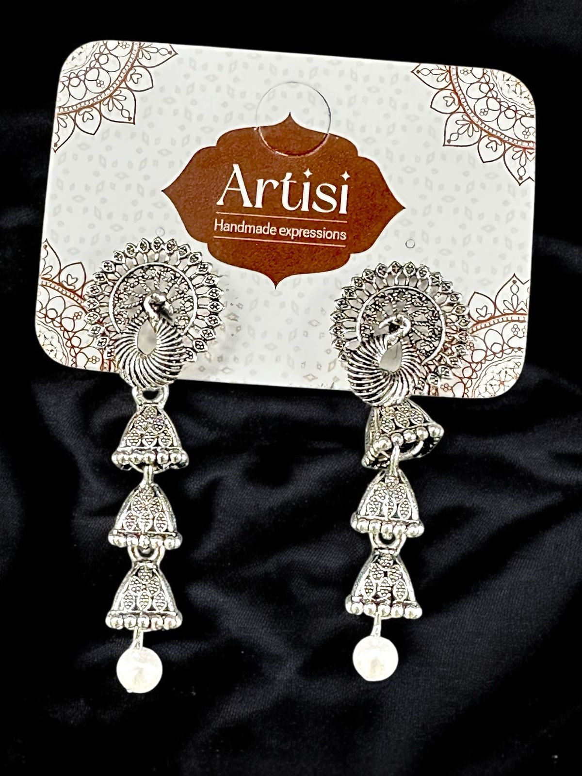 Crescent Drop Earrings,Antique Silver Toned Peacock 3 Leyer Danglers