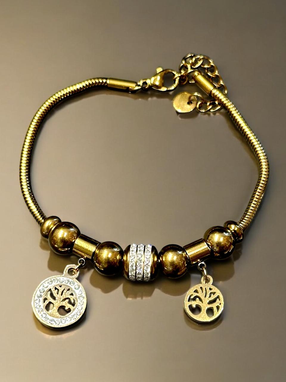 Tree Charm Bracelet in Gold Tone | Anti-Tarnish Finish | Handcrafted Women’s Jewelry with Stones