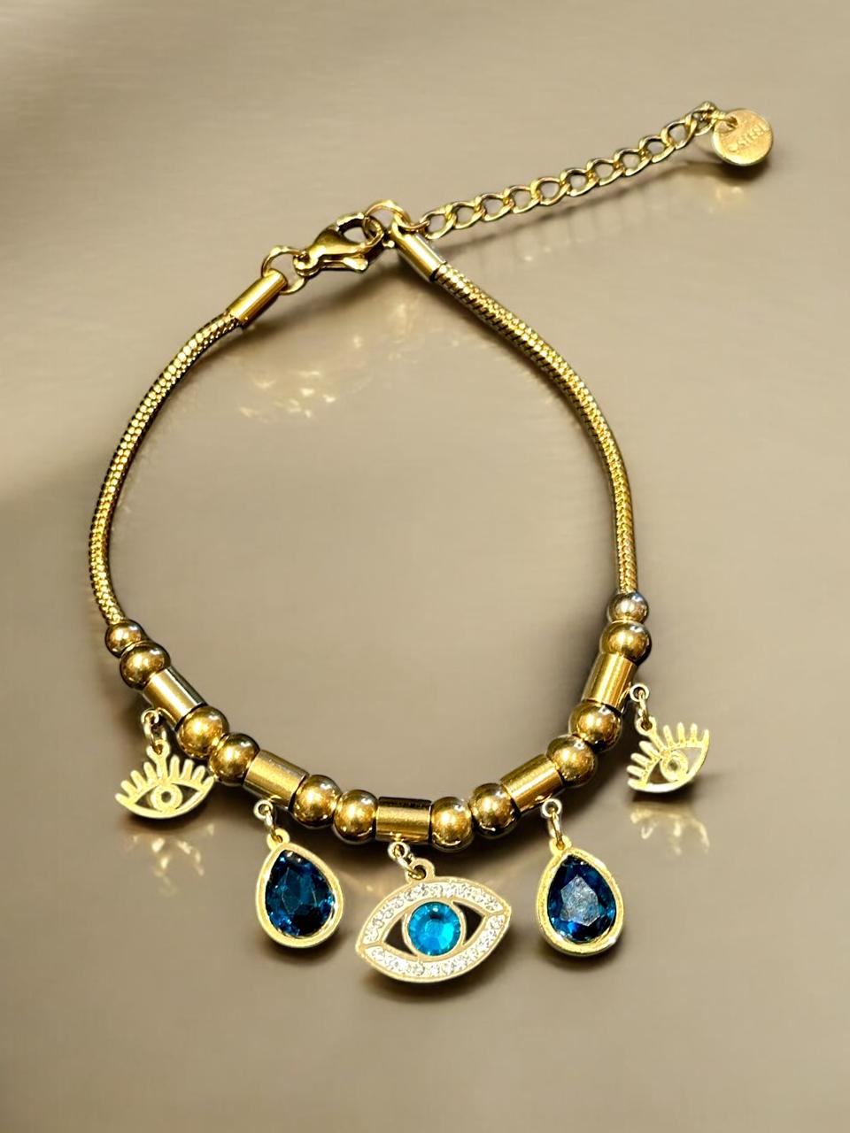 Evil Eye Charm Bracelet for Women | Gold Tone with Blue Stone | Anti-Tarnish Finish | Adjustable Handcrafted Jewelry