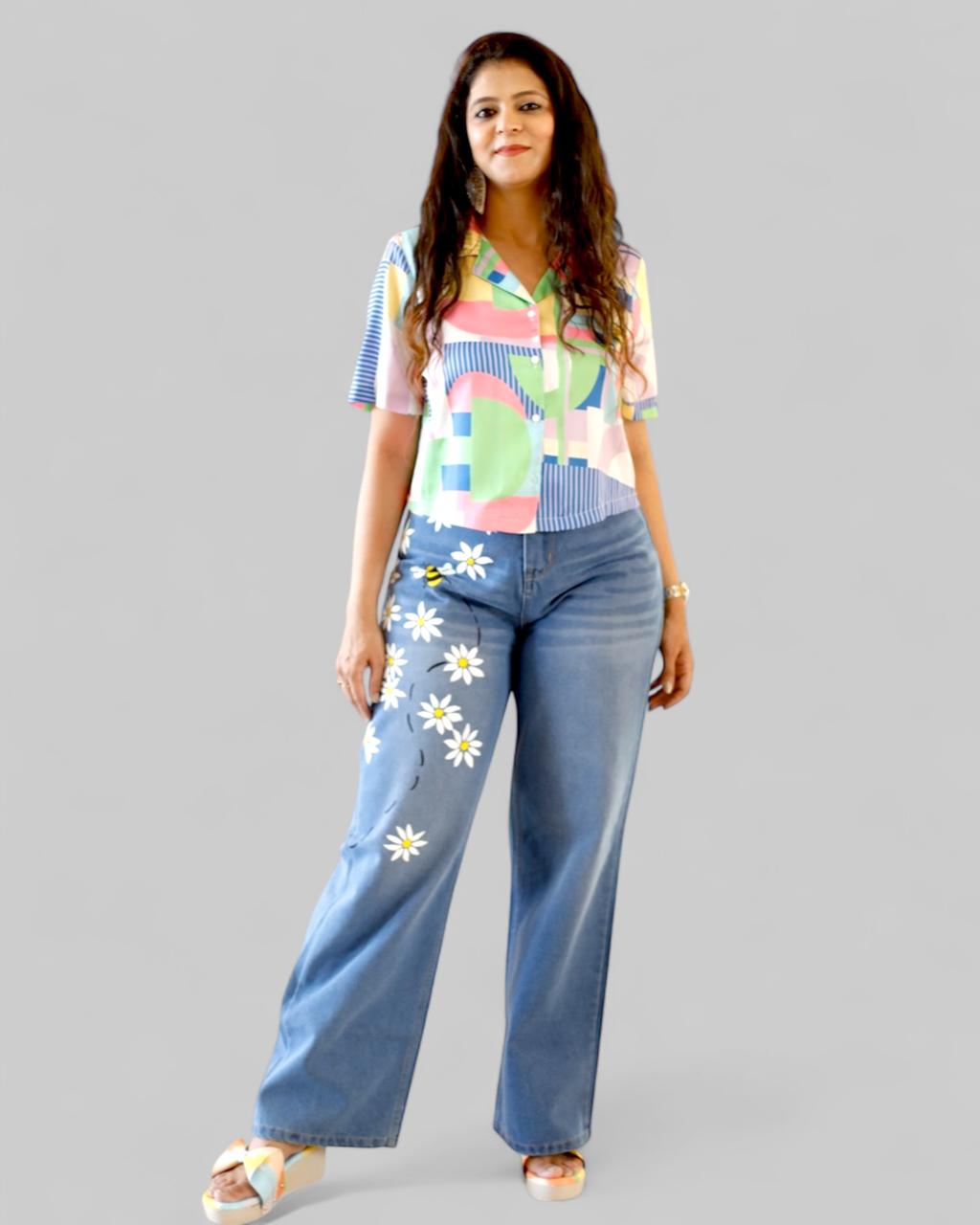 Wide Leg Denim Jeans with Daisy and Bee Hand Painted, High Waist, Light Blue