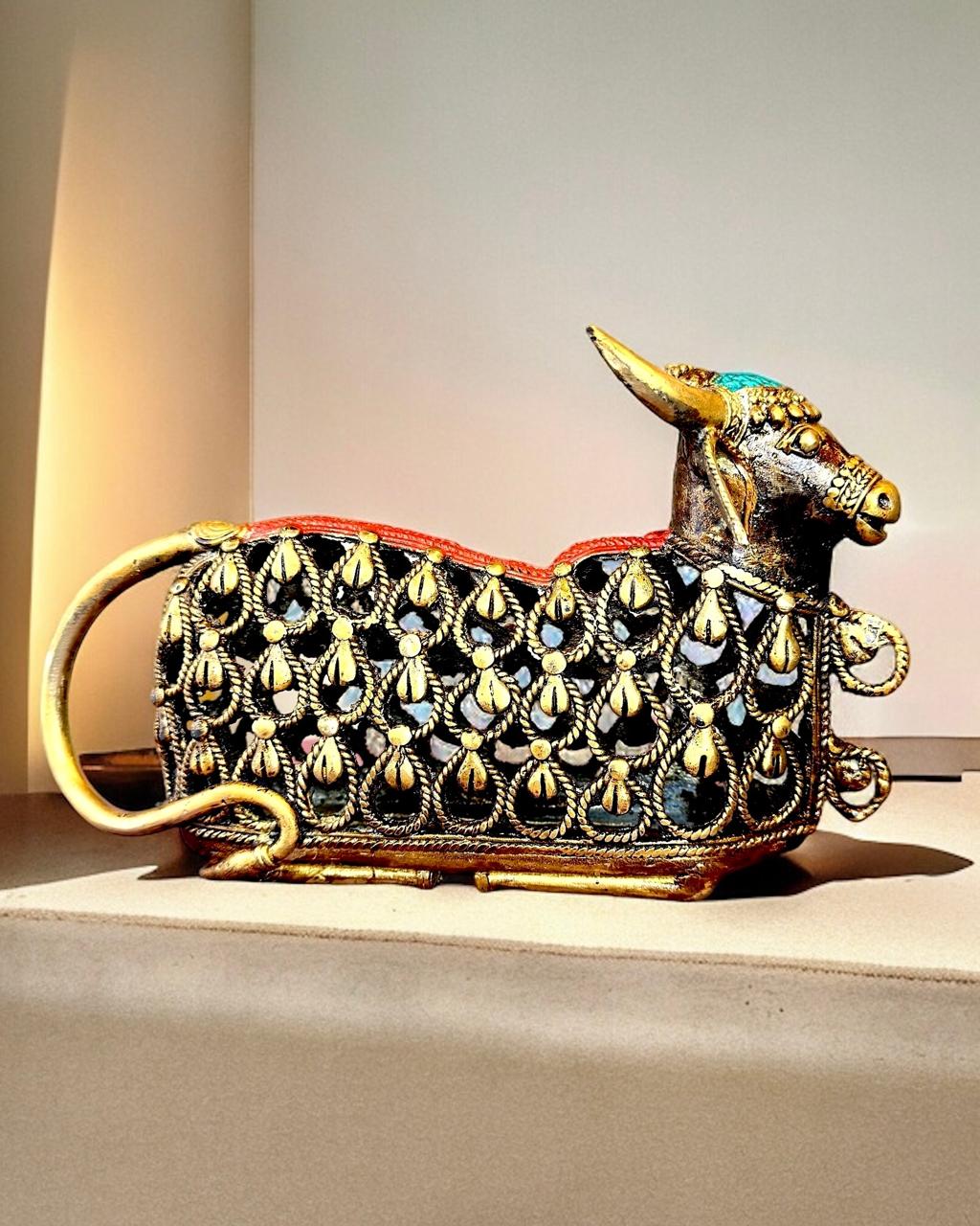 Pure Brass Nandhi Red and Green Antique Finish Mohenjo-daro Dhokra Art Sculpture 9.5 inch