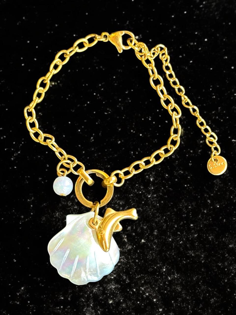 Dolphin & Mother of Pearl Charm Bracelet for Women | Gold Tone | Anti-Tarnish Finish | Adjustable Handcrafted Jewelry