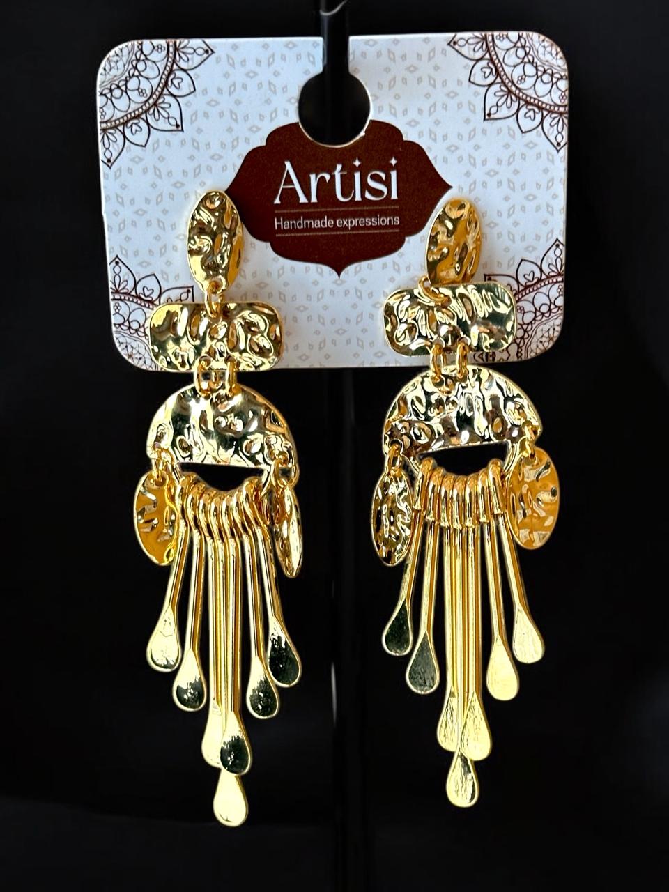 Gold-Toned Hammered Statement Drop Earrings | Handmade Geometric Teardrop Fringe | Textured Dangle Design