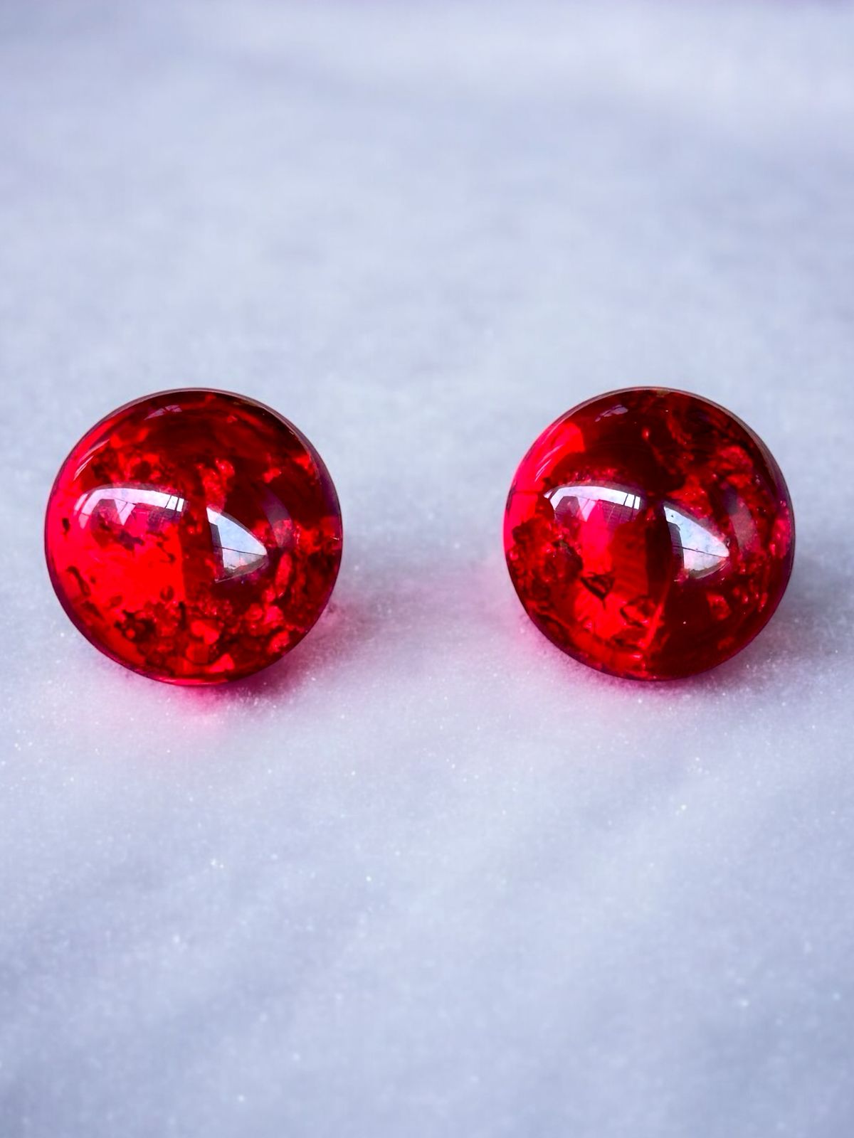 Handmade Red Glass Dome Stud Earrings | Round Crystal Effect | Glossy Finish
