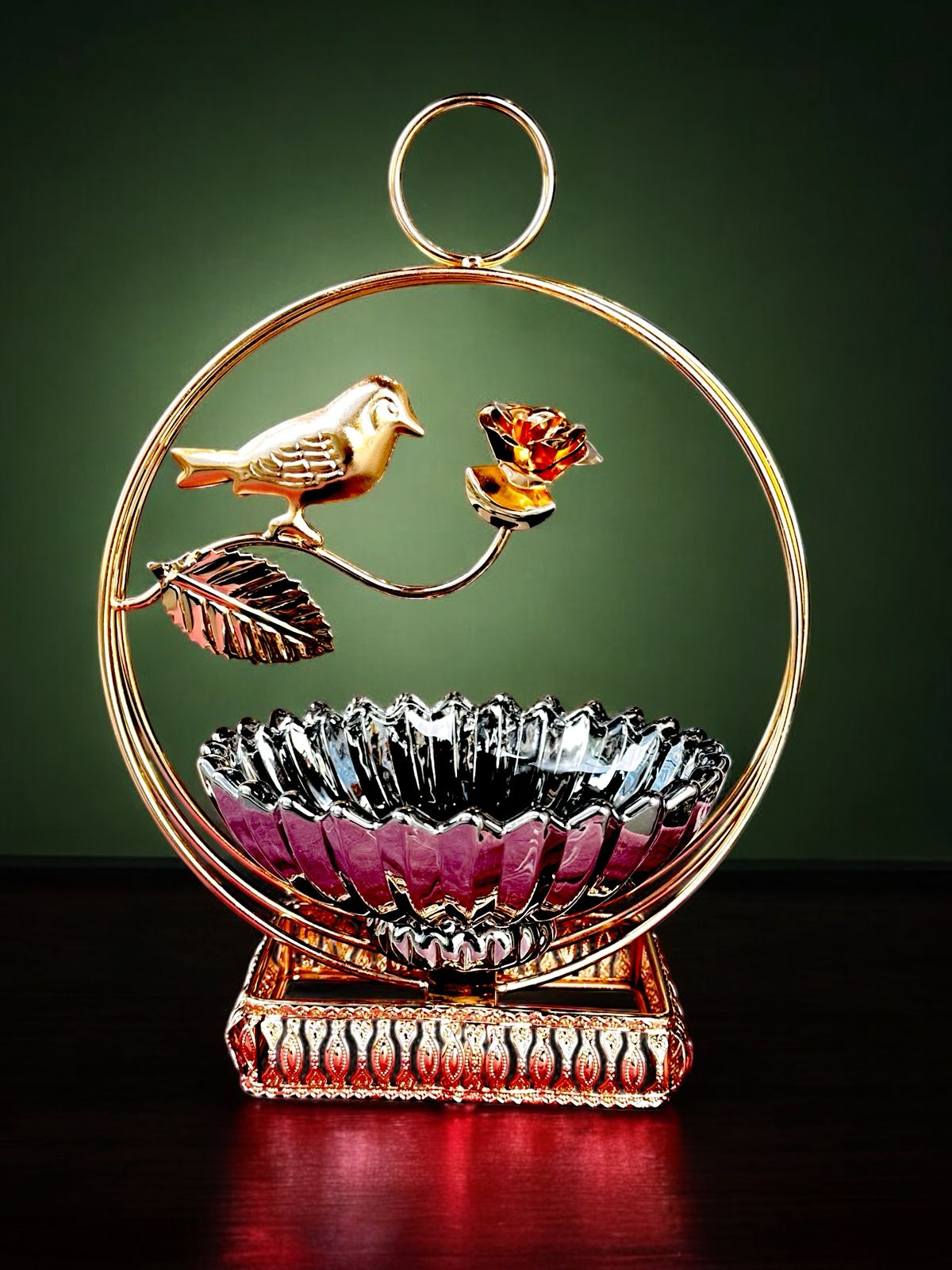 Crystal Serenity: Elegant Bird-Themed Serving Platter