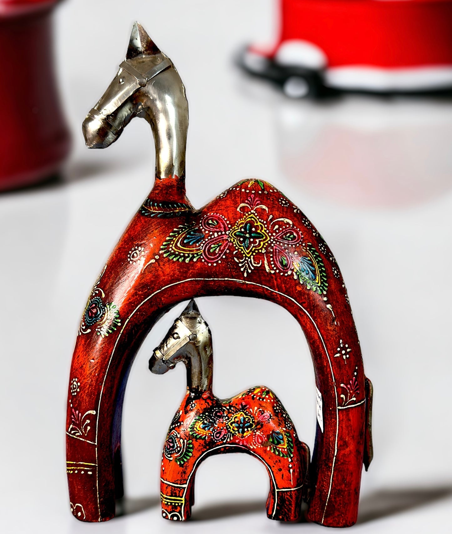 Artisanal - Camel and Calf Set. Hand-painted Wooden Base and Metal Body