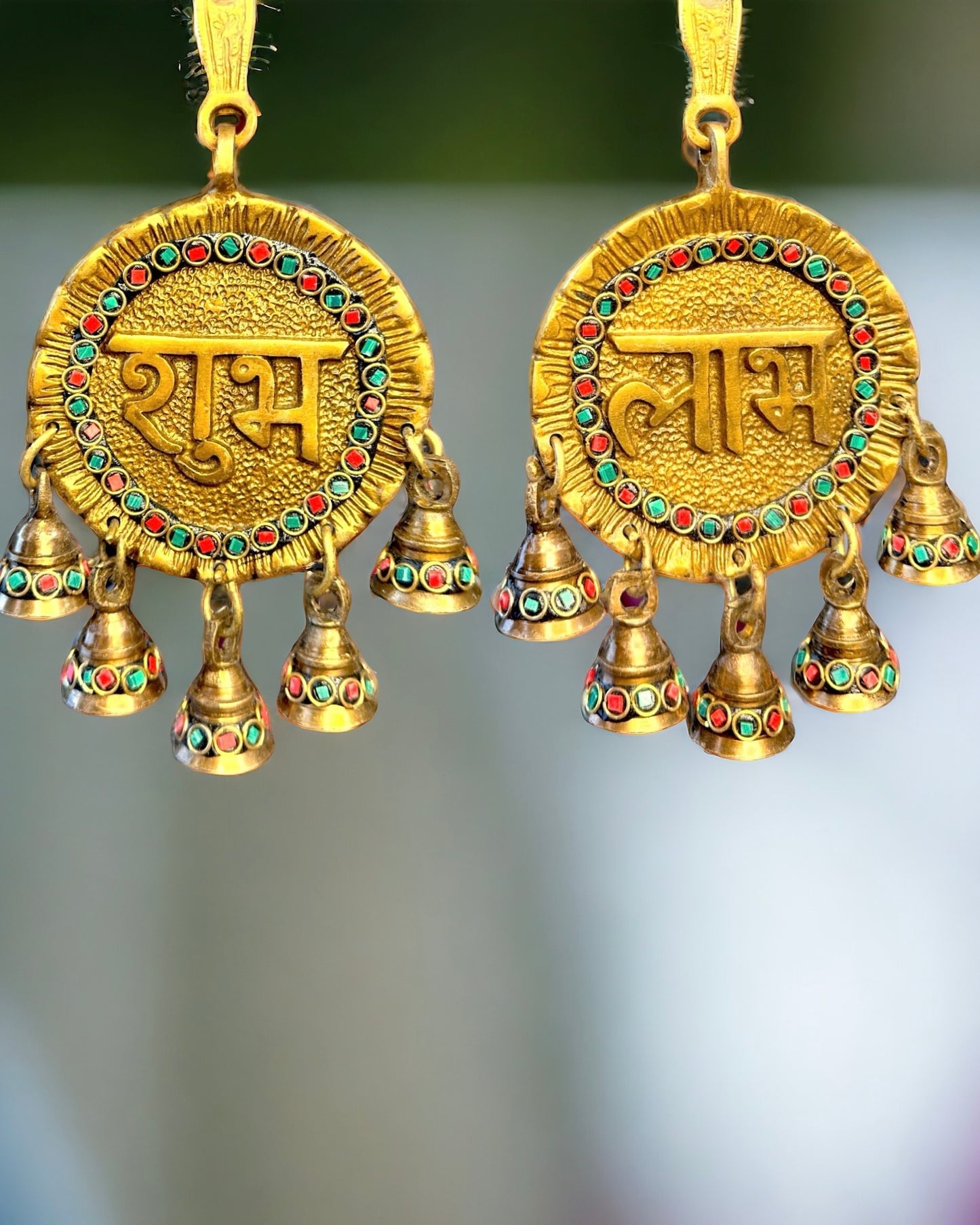 Brass Shubh Labh Door Hanging with Bells, Set of 2 - 9 inches