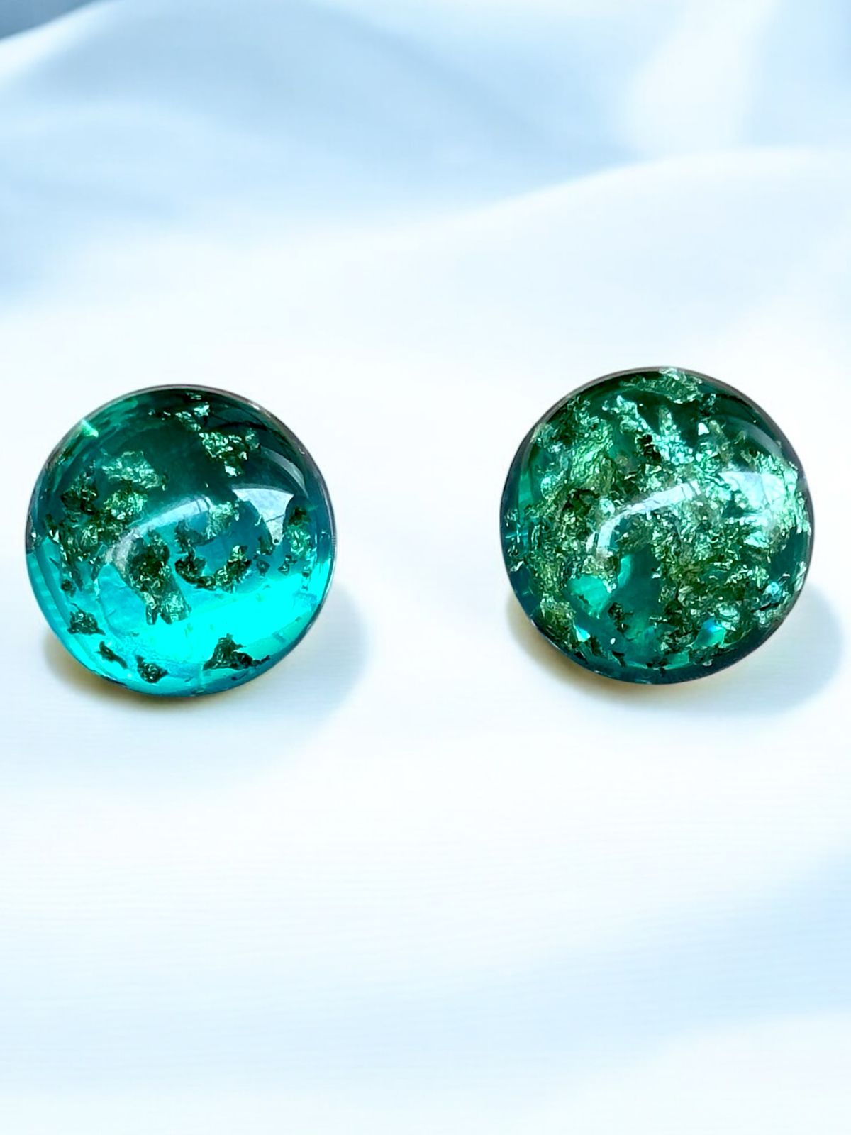 Handmade Turquoise Glass Stud Earrings | Round Dome Shape with Metallic Flakes | Glossy Artisanal Finish