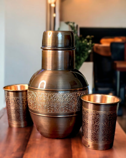 Copper Surahi/ Vessel in Antique Style Engraving with Two Glasses - Chocolate Brown in Colour. 1000 ml