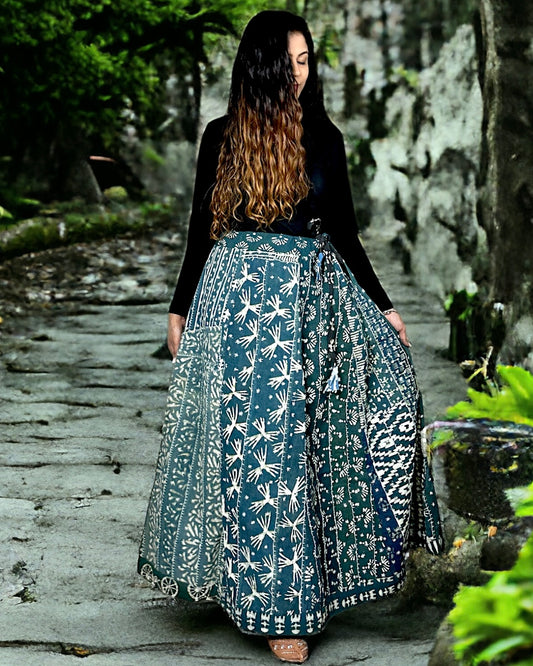 Handblock Printed Fabric Patchwork Long Skirt with Threadwork - Green