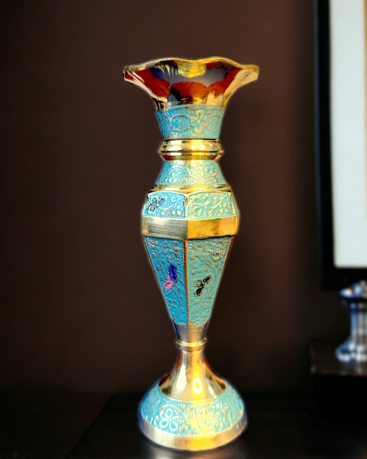 Brass Metal Teal Blue Flower Vase - 7.5 inches