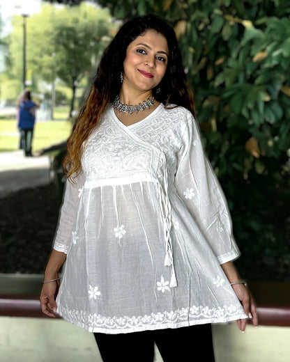 Chikankari Short Kurta (Top) - White with White Embroidery