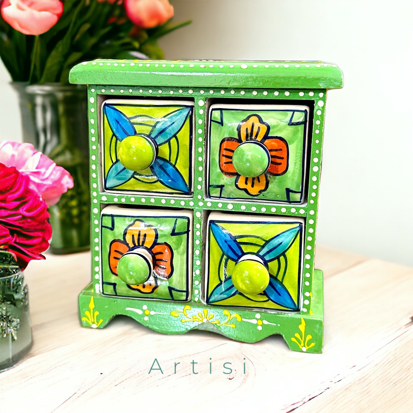 Blue Pottery and Wooden Handpainted 4 Drawer Jewellery Box