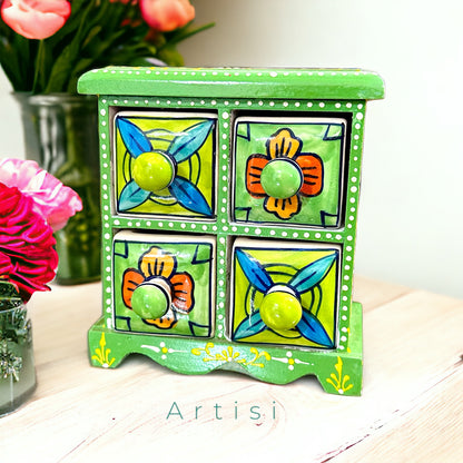 Blue Pottery and Wooden Handpainted 4 Drawer Jewellery Box