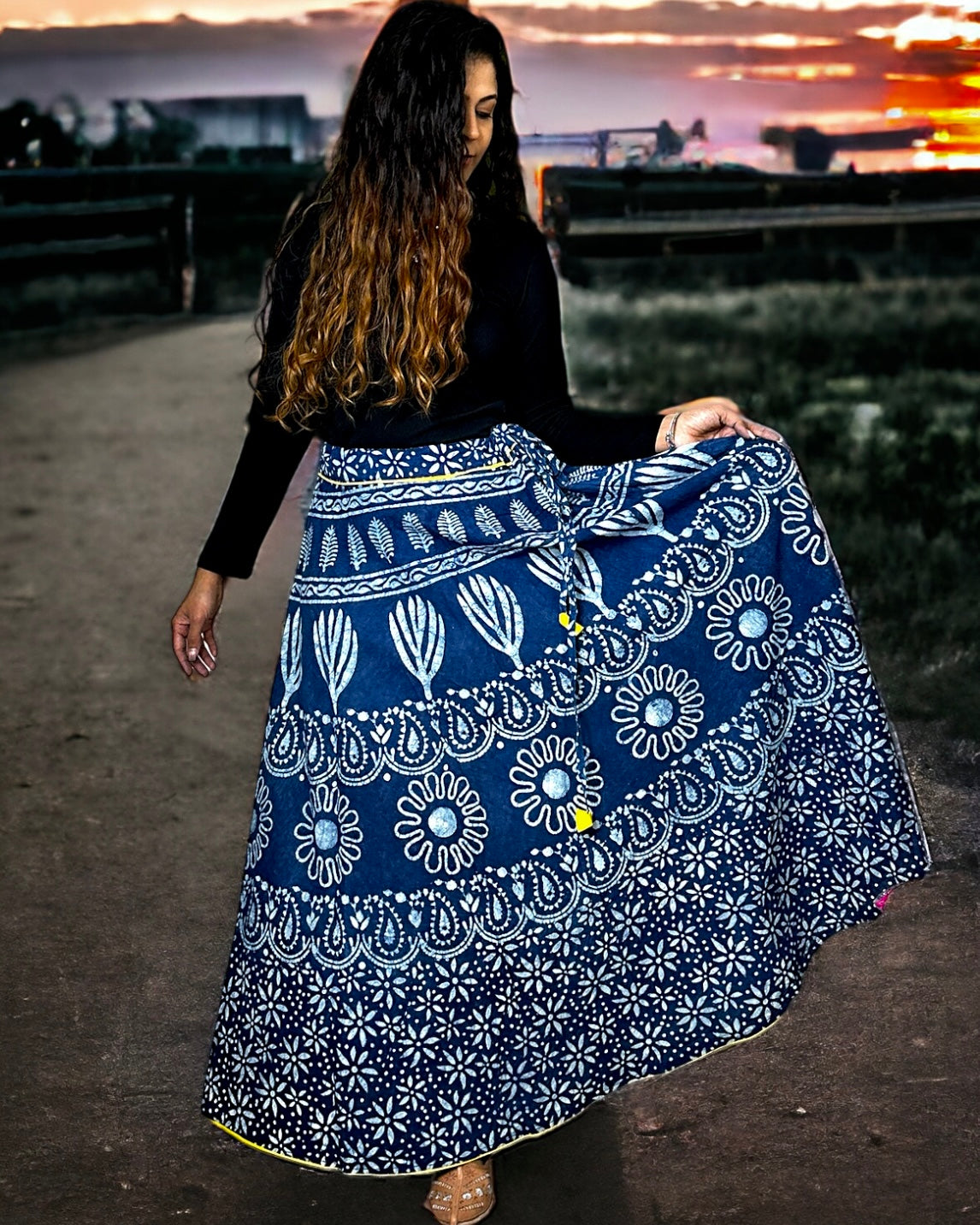 Handblock Cotton Long Skirt - Blue