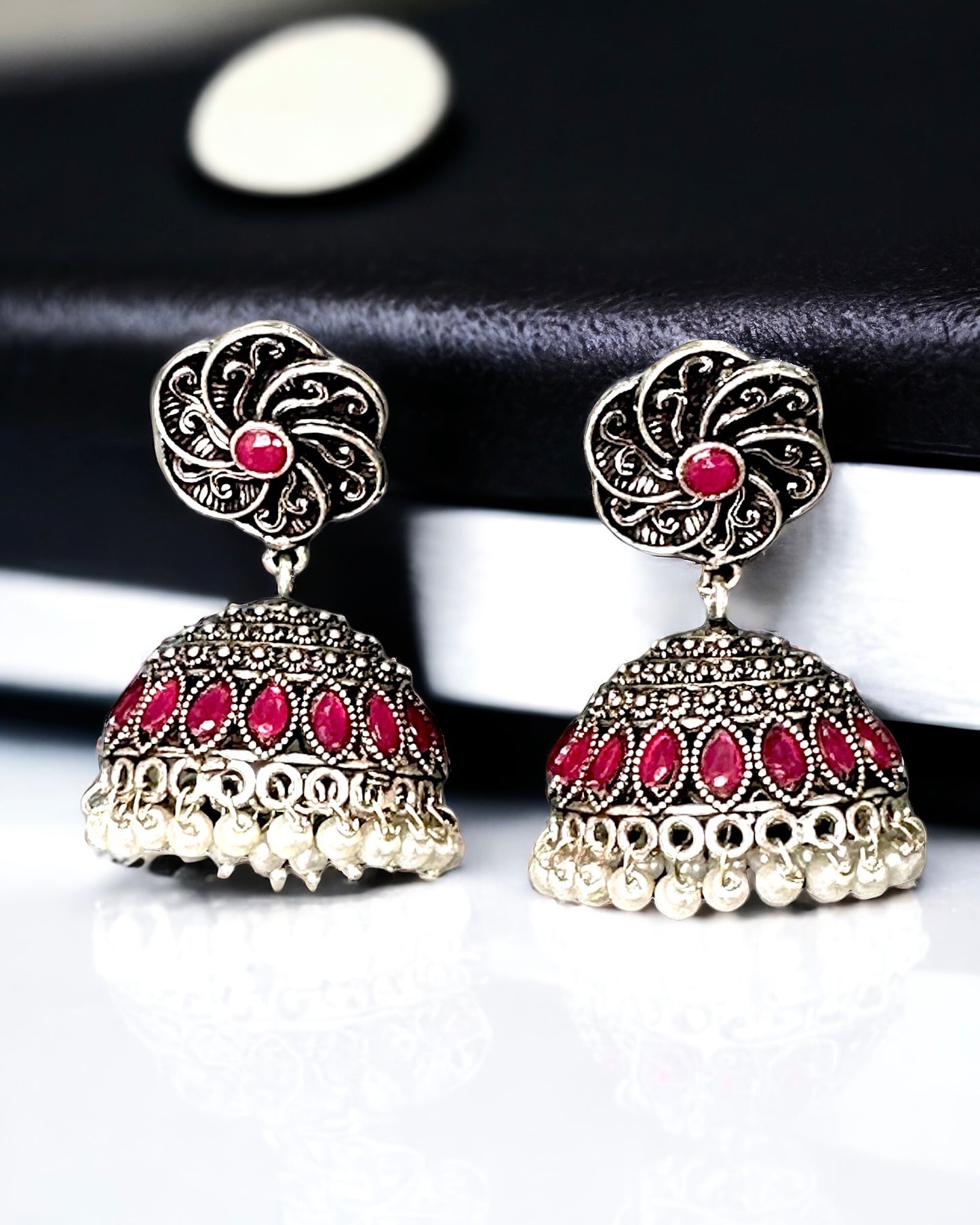 Oxidised Jhumka Earrings with Pink Stones