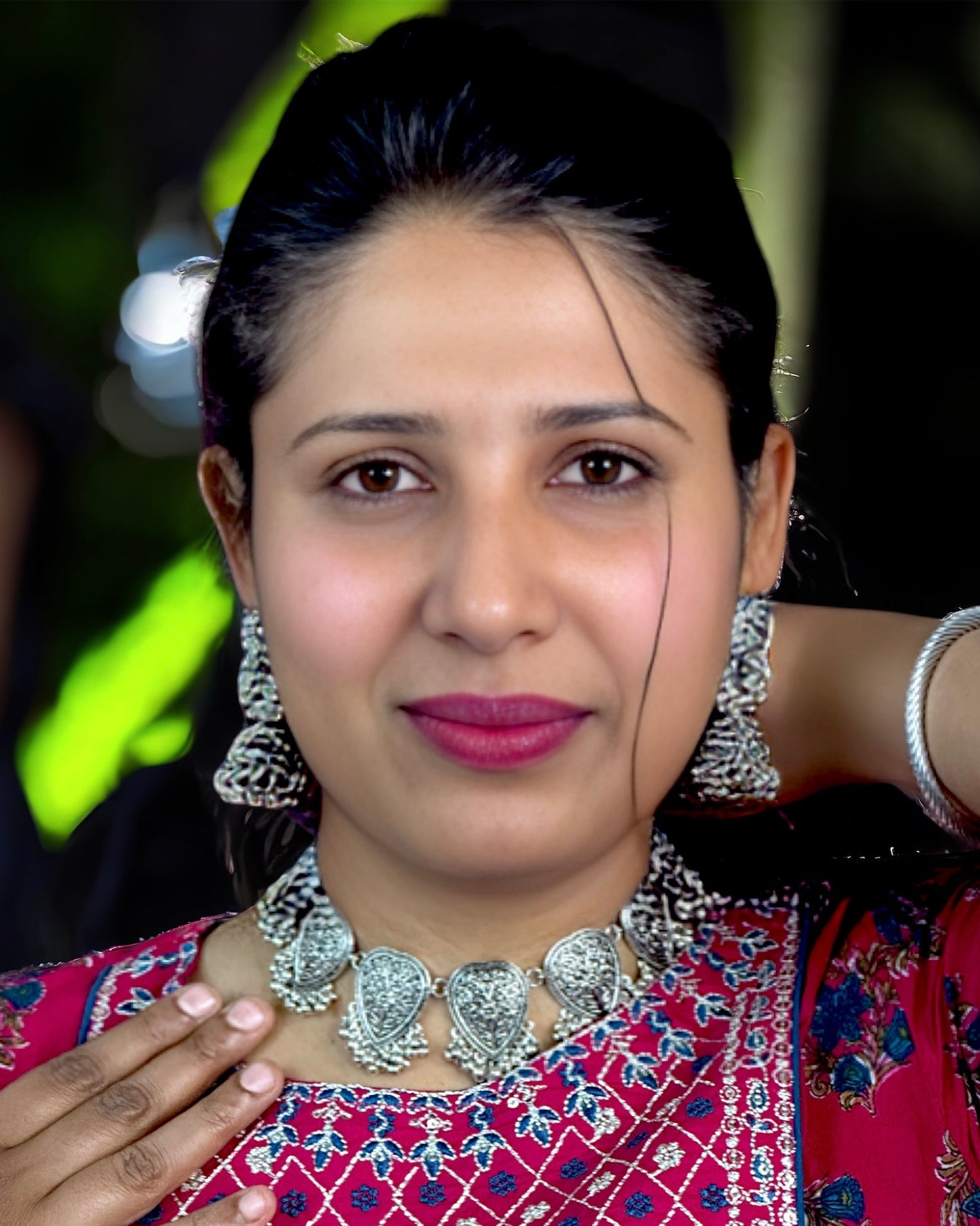 Oxidised Pear Shaped Necklace Set with Maang Tika