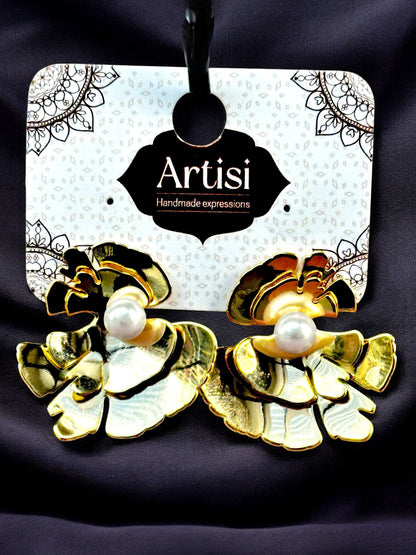 Golden Bloom: Imported Flower Studs with Pearl