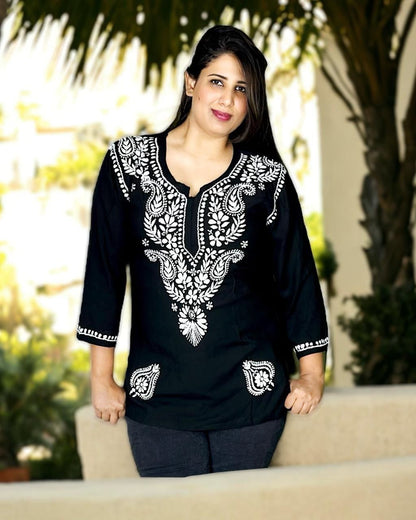 Chikankari Short Kurta - Black with White Embroidery