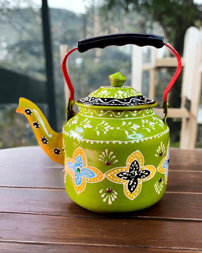 Artisanal Hand Painted Tea Kettle in Sheen Green Colour (Stainless Steel)