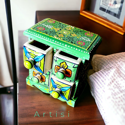 Blue Pottery and Wooden Handpainted 4 Drawer Jewellery Box