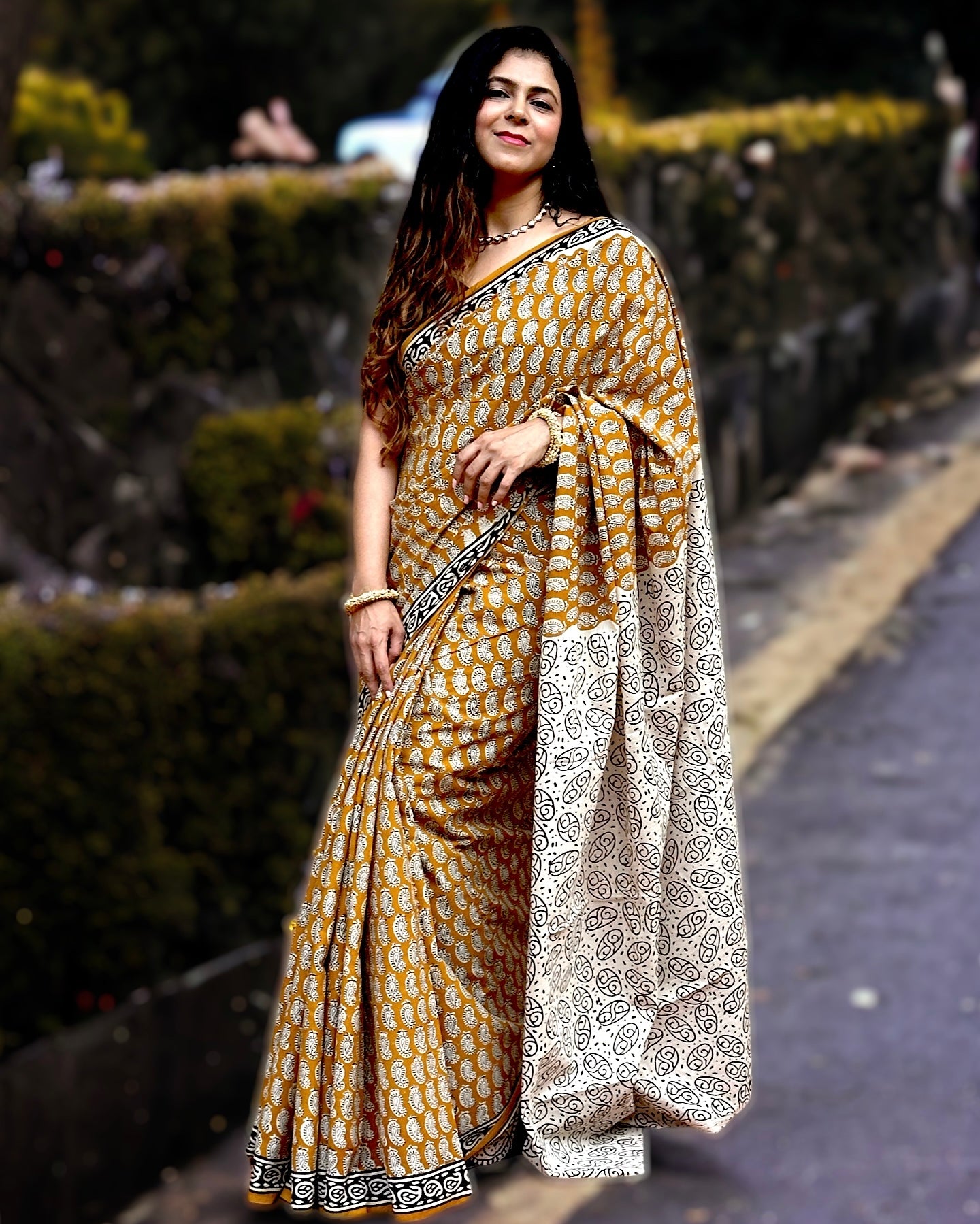 Handblock Cotton Saree - Mustard Colour