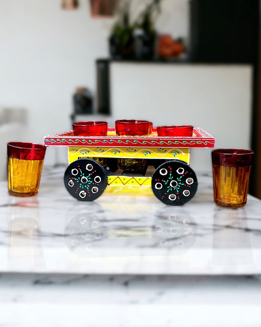 Handmade Cart with 6 Decorative Glasses