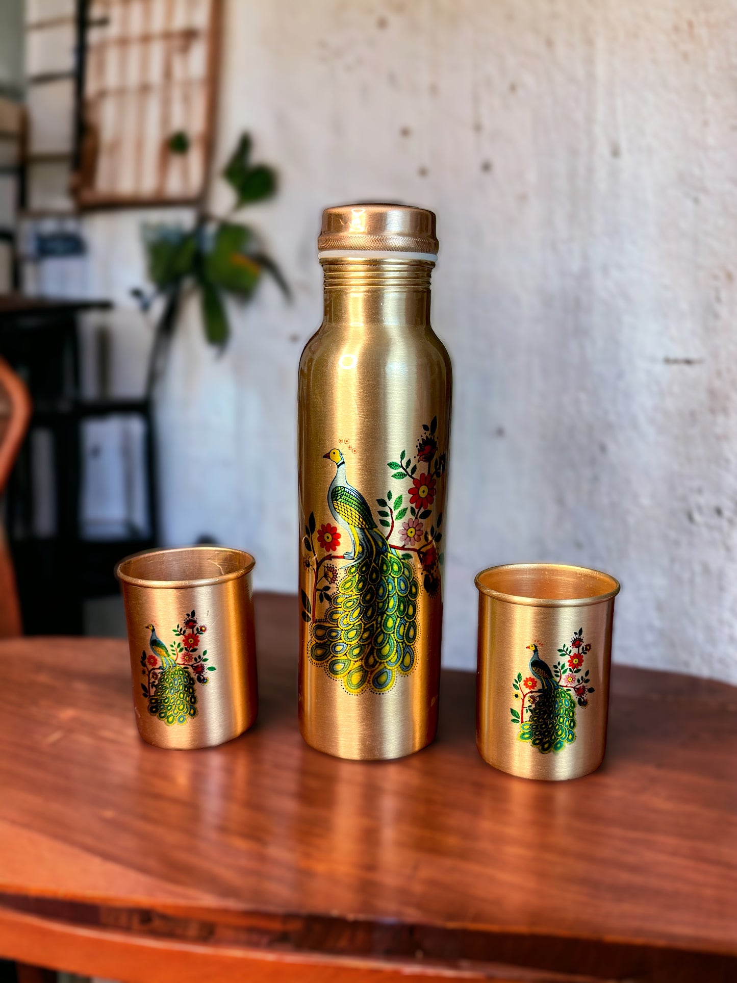 Copper Bottle with Two Glasses Peacock Design - 900 ml