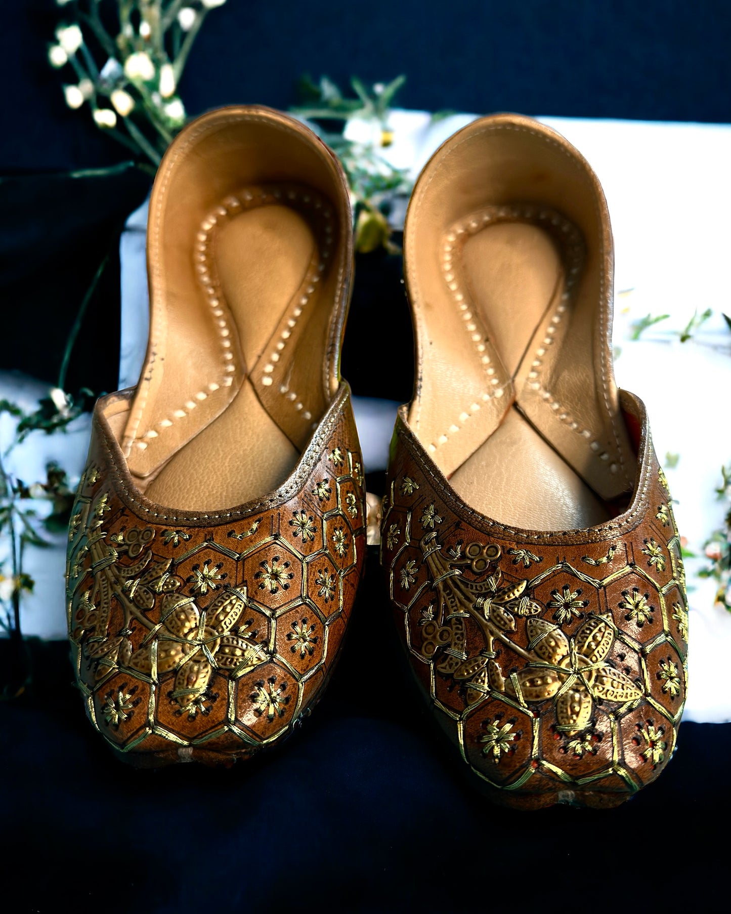 Artisanal Jutti - Brown with Mukaish Work, Flower Design (Pure Leather)