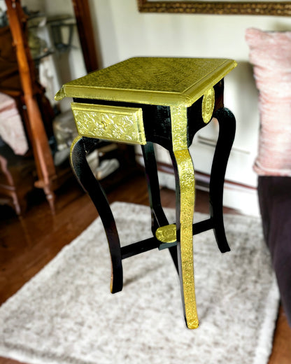 Antique Finish One Drawer Tall Stool, Brass Sheet Work - 23 inches height