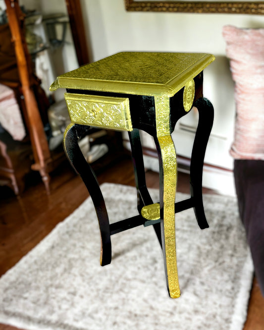 Antique Finish One Drawer Tall Stool, Brass Sheet Work - 23 inches height