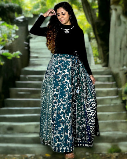 Handblock Printed Fabric Patchwork Long Skirt with Threadwork - Green