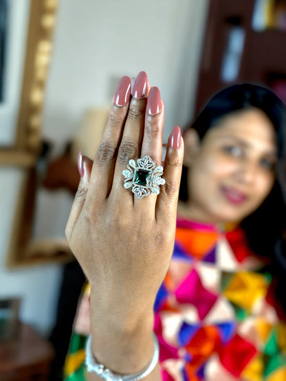 American Diamond Flower Shaped Ring with Green Stone