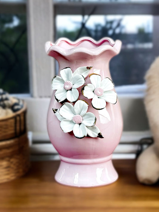 Ceramic Flower Vase - Pink & White Floral Design (8 Inch) | Elegant Home Décor
